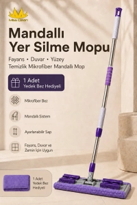 ( 1 Adet Yedek Bez Hediyeli ) Yer Mopu Fayans Duvar Yüzey Temizlik Mikrofiber Mandallı Mop